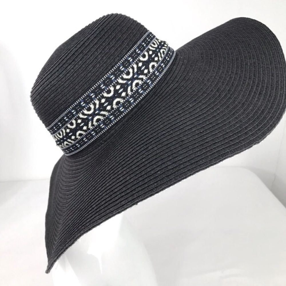 Nicole Marciano Black Blue Ethnic Trim 5” Brim Beach Sun Hat